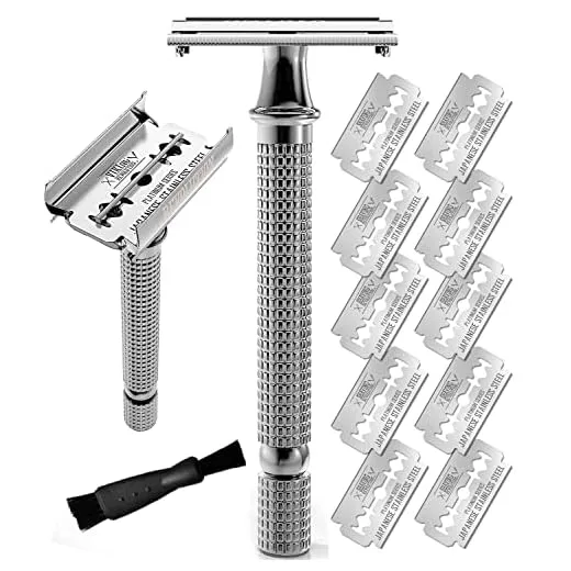 Viking Revolution Long Handle Double Edge Safety Razor - Butterfly Open Razor with 10 Japanese Stainless Steel Double Edge Safety Razor Blades - Close, Clean Shaving Razor for Men (Chrome Metal Razor)