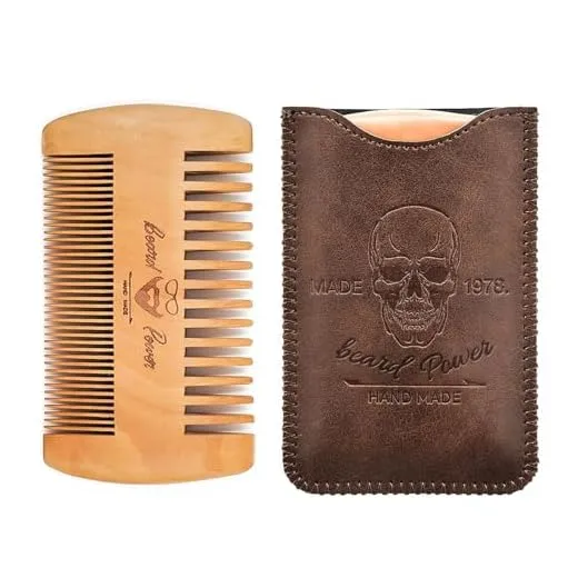Menesia Wooden Beard Comb with Case for Men Beard, Fine & Coarse Teeth, Men's Wood Pocket Comb for Beards & Mustaches & Hair,Brown Skull Design