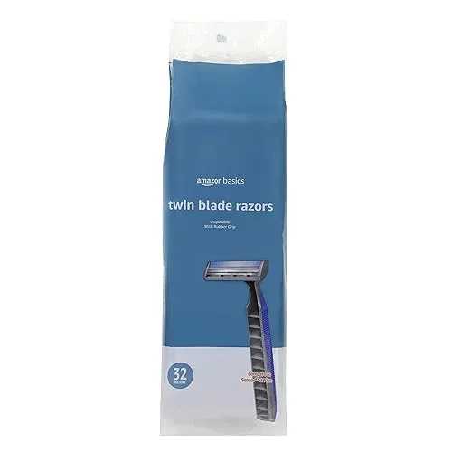 Amazon Basics Twin Blade Pivoting Disposable Razors with Rubber Grip,