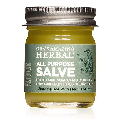 Ora's Amazing Herbal All Purpose Salve, Natural Healing Ointment, Tea Tree Oil Skin Balm, Comfrey Calendula Thyme Plantain, Hand Salve, Rash Cream, Dry Skin Repair, Itch Relief, 1 oz Glass Jar