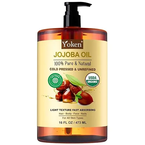 Yoken Organic Jojoba Oil 16oz, USDA Certified Cold Pressed for