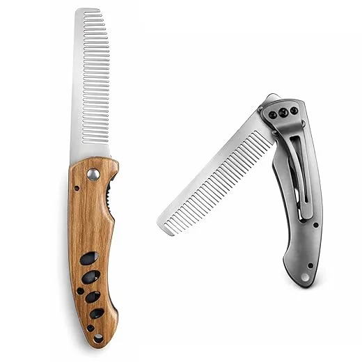 Stainless Steel Folding Comb Small Folding Pocket Beard Metal Grooming Tool with Wooden Handle Portable Multifunction Hair Comb Mustache Combs Fits In Keychain for Men Outdoor Travel Home Use