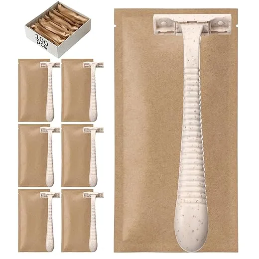 LemonRoad 100 Pcs Biodegradable Disposable Razors Bulk Individually Wrapped for Women Men Portable Twin Blade Wheat Straw Shavers for Hotel, Homeless, Shelter, Charity, Camping and Travel