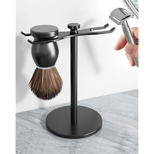 pickpiff Safety Razor Stand With Brush Holder, Black Heavy Duty Metal Shaving Holder for Men, Extra Wide Openings, Fits Most Brushes and All Kinds Of Razors
