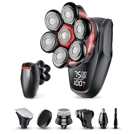Head shavers for Bald Men 5-in-1 Men's Grooming Kit, 7D Rotary Electric Head Shaver, IPX8 Waterproof Wet/Dry High-Gloss Black