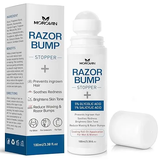 Morovan Razor Bumps Treatment: Ingrown Hair Solution for Bikini Area, Beard & Body, Post Wax After Shaving Soothing Serum for Women & Men - 3.38fl.oz