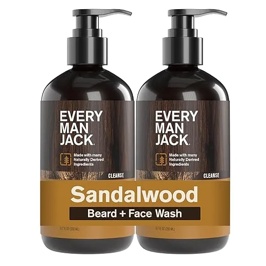 Every Man Jack Sandalwood Beard Wash - Cleanse, Soften, and Hydrate for a Healthier Beard - Made w/Naturally Derived Ingredients like Aloe Vera and Coconut - 6.7 oz - 2 Pack