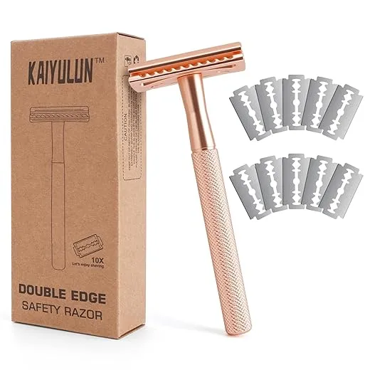 Safety Razor for Men & Women - Double Edge Single Blade Razor with 10 Blades, Reusable One Blade Razor for Close Shave (Mens & Womens Razor, Eco-Friendly)-Rose gold