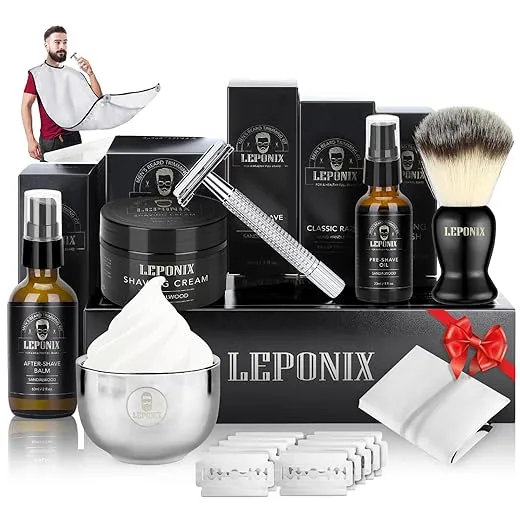 Shaving Kit for Men - Secret Santa Gift Set, Includes Safety Razor, Sandalwood Shaving Cream, Aftershave, Pre-shave Oil, Brush, Bowl & Apron Bib - Christmas Gifts for Him Husband Dad Stocking Stuffers