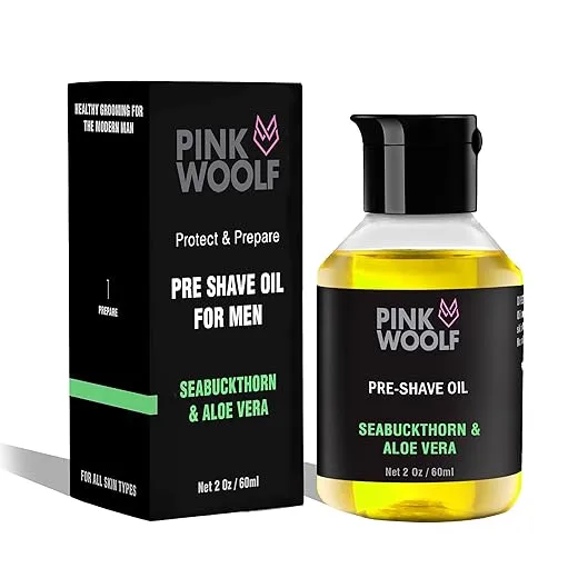 Pink Woolf Pre Shave Oil for Men – SeaBuckthorn & Aloe Vera Shaving Oil with Vitamin E & Tea Tree – Helps Reduce Razor Burn, Ingrown Hair & Irritation – Shave Prep for Electric & Wet Shaving – 2 Fl Oz