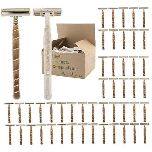Disposable Razors Bulk for Men & Women – Twin Blade Unisex Shavers – Eco-Friendly, Biodegradable, Non-Toxic, Made from Recycled Wheat Straw 50 Count (Pack of 1) (50)