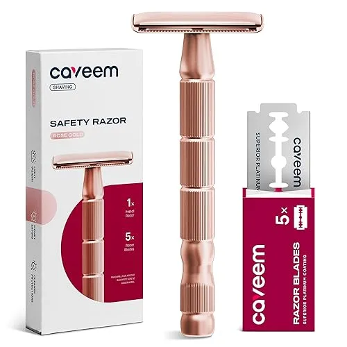 Rose Gold Double-Edge Safety Razor, Single-Blade Razors with 5 Stainless