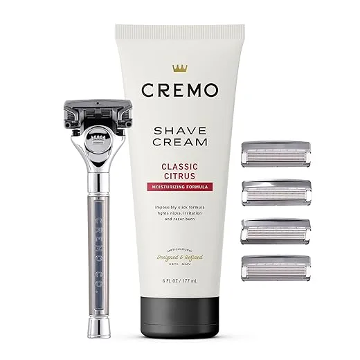 Cremo Original Shave Gift Set for Men, includes Impossibly-Slick 6 oz Shaving Cream, Chrome Barber Grade Razors for Men and four Razor Blades Refills