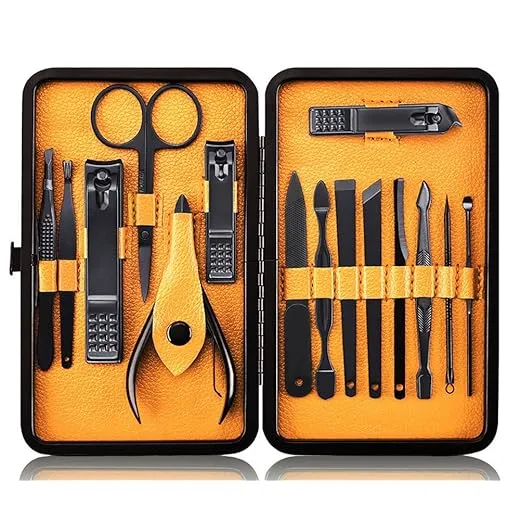 Professional Stainless Steel Nail Clipper Travel & Grooming Kit Nail Tools Manicure & Pedicure Set of 15pcs with Luxurious Case (Black/Yellow)