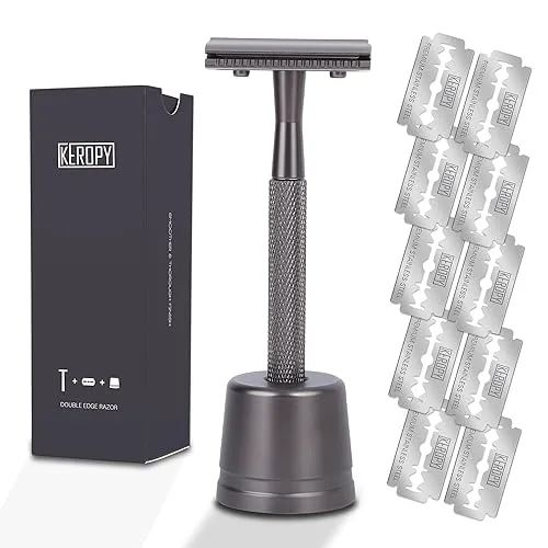 Double Edge Razor With Stand and 10 Premium Stainless Steel