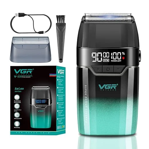 VGR 308 Electric Shavers for Men, Professional Double Foil Shaver 9000RPM Cordless Head Shaver with Titanium Foils, LED Display, USB Rechargeable Men's Electric Razor for Face & Beard, Green