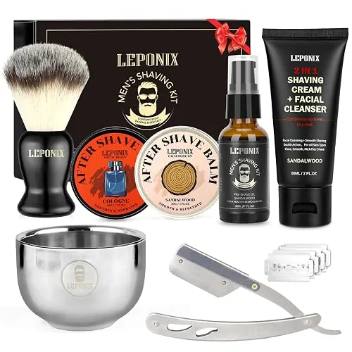 LEPONIX Shaving Kit for Men with Straight Razor Shaving Brush
