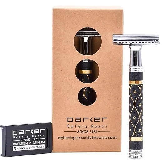 Parker 65R Super Heavyweight Double‑Edge Safety Razor – Sandstone‑Textured Brass Handle for Precise Grip & Control, 4" Long Handle – Includes 5 Premium DE Blades