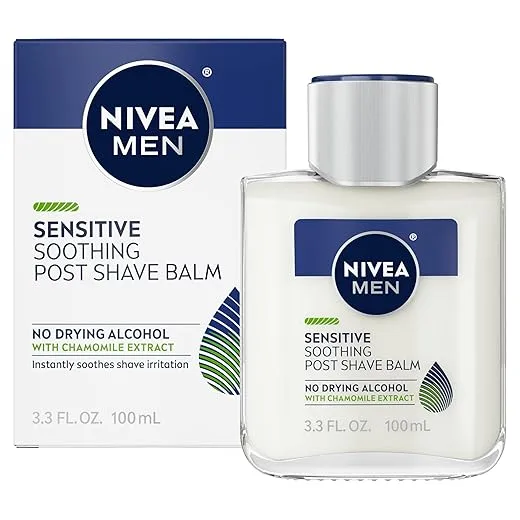 NIVEA MEN Sensitive Soothing Post Shave Balm with Vitamin E, Pro-Vitamin B5 and Chamomile Extract, Alcohol Free After Shave Balm for Men, 3.3 Fl Oz Bottle
