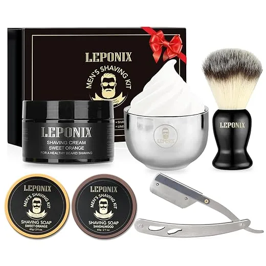 Straight Razor Shaving Kit for Men - 2 Packs Shaving Soap, Straight Edge Razor, Shaving Cream, Brush & Bowl - Unique Gifts Set for Men, Him, Dad - Stocking Stuffers,Father’s Day (Sweat Orange）