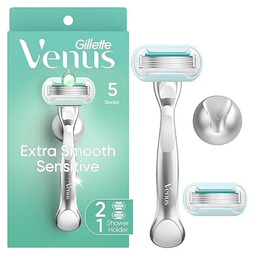Gillette Venus Extra Smooth Sensitive Razor for Women, Includes 1 Reusable Razor Handle + 2 Refills, for Sensitive Skin with Metal Handle and Shower Holder