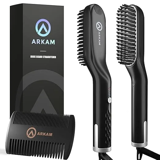 Arkam Beard Straightener for Men - Original Heated Beard Brush Kit w/Anti-Scald Feature, Dual Action Hair Comb and Travel Bag for Short to Medium Beards -Costume Accessories and Grooming Gifts for Men