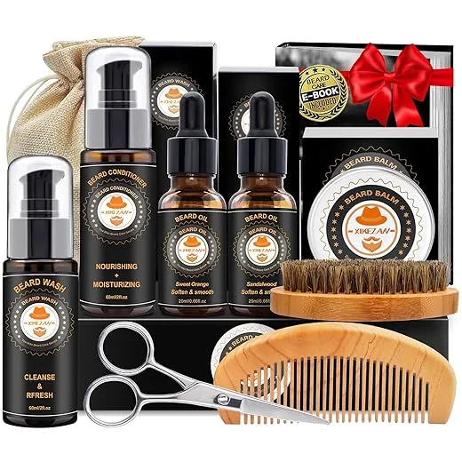 XIKEZAN Beard Kit for Men Grooming & Care w/Beard Conditioner, Wash, Oil, Balm, Brush, Comb,Birthday Fathers Valentines Easter Gifts for Men Him Dad Husband Boyfriend Mens Christmas Stocking Stuffers