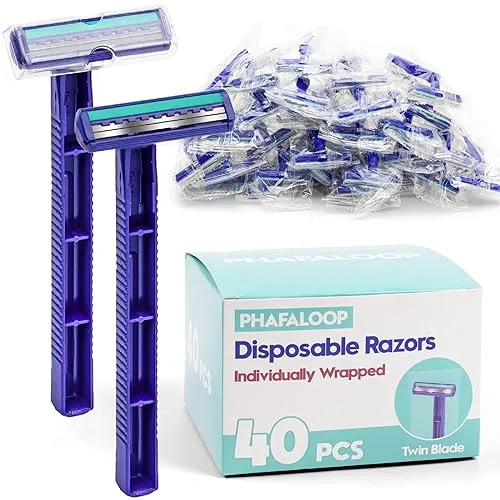 Individually Wrapped Twin Blade Disposable Razors – 40 Pack Stainless