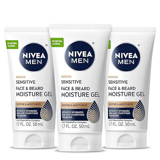 NIVEA MEN Sensitive Face and Beard Moisture Gel, Gentle Face and Beard Moisturizer for Men Instantly Hydrates Skin and Conditions Beards, 1.7 Fl Oz Tube, Pack of 3