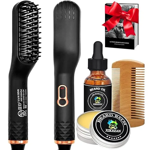 Beard Straightener w/Beard Oil & Balm & Guide E-Book,Upgraded 3 in 1 Hair Straightener Brush Beard Straightening Comb,Unique Stocking Stuffers Gifts for Men Him Dad Husband Birthday Christmas Gifts