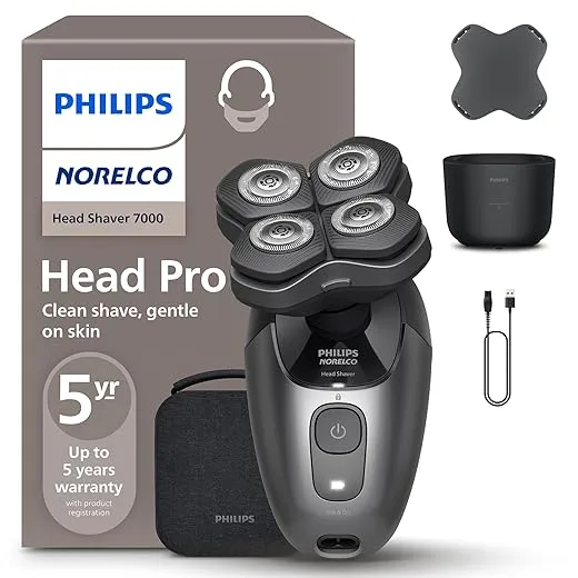 Philips Norelco Head Shaver Pro 7000 Series - Skull Shaver for Men and Women, 360° Flexing Head & ComfortCut Blades for Clean Shave, Gentle on Skin, Model HS7980/40