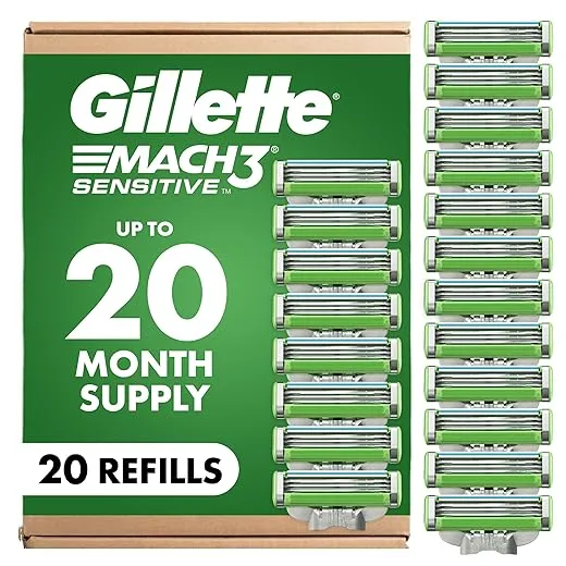Gillette Mach3 Sensitive Mens Shaving Razor Blade Refills, 20 Count