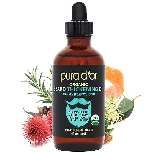PURA D'OR ORGANIC Beard Thickening Oil, Rosemary Eucalyptus Scent, 4oz