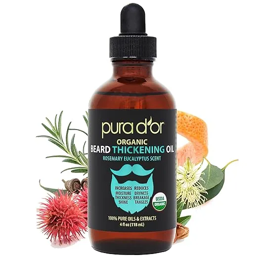 PURA D'OR 4 Oz Thickening Beard Oil – Moisturizing Blend with Rosemary, Biotin & Castor Oil – Increases Moisture, Thickness and Shine - Reduces Dryness and Breakage