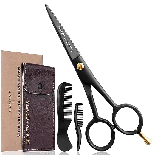 Beauty & Crafts- 5'' German Beard Mustache Scissors - 2 Mustache Comb for Facial Hair with Beautiful Pouch - Beard Trimming Scissors Use for Grooming, Cutting, and Styling of Mustache (Black)