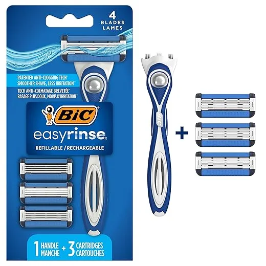 BIC EasyRinse Anti-Clogging, Refillable Men's Razors With 4 Blades, 1 Handle and 3 Refill Razor Cartridges Razor Kit