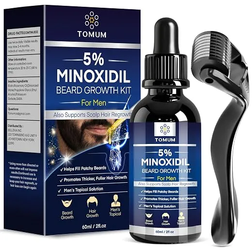TOMUM 5% Minoxidil Beard Growth Kit for Men – Hair & Beard Regrowth Serum, Helps Fill Patchy Beards, Thicker Fuller Facial & Scalp Hair, Topical Solution