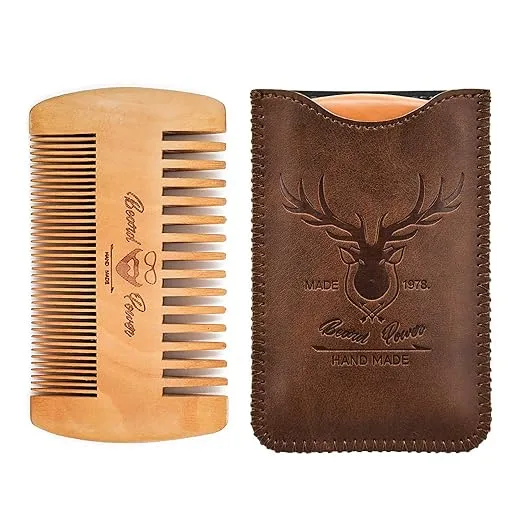 Wooden Comb with Durable Case - Fine & Coarse Teeth, Pocket Comb for Beards, Mustaches & Hair, Brown Deer Design