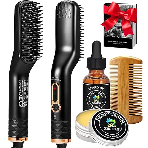 Beard Straightener for Men w/Beard Oil & Balm & E-Book for All Beard Type,w/Dual Voltage Travel-Friendly,Auto Shut-Off,Anti-Scald Feature Heated Straightening Comb Brush Kit,Unique Gifts for Men Him