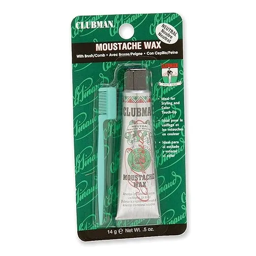 Clubman Moustache Wax – Mustache Wax for Men Strong Hold, Neutral Color, Includes Styling Brush, Hang Pack, 0.5 oz