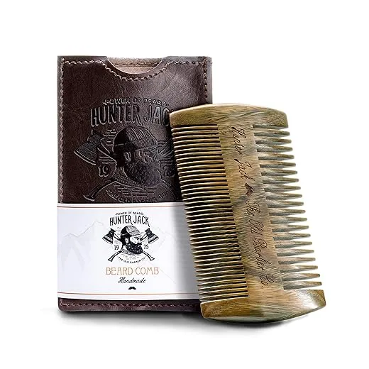 Premium Sandalwood Beard Comb for Men - Natural Wooden Comb with Dual Fine & Coarse Teeth, Anti-Static Mustache Comb, No Snag or Pull, Pocket Size with PU Leather Case, Ideal Grooming Kit for Him